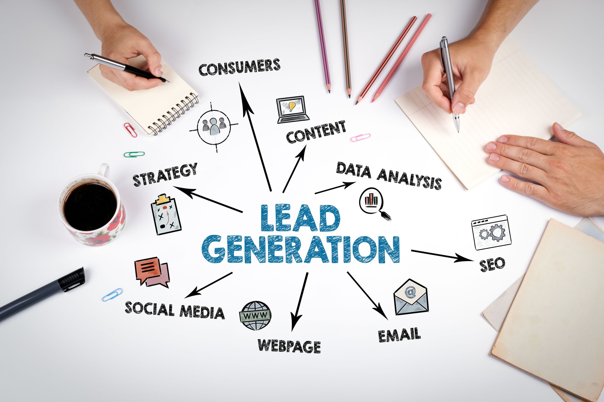 Lead Generation concept. The meeting at the white office table